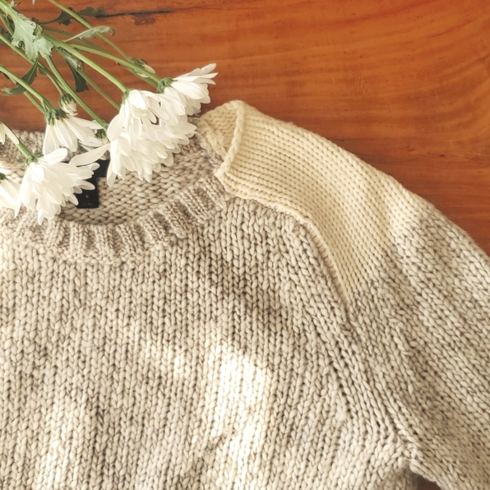 Oatmeal J. Crew Wool Sweater with Patchwork Shoulder Detail